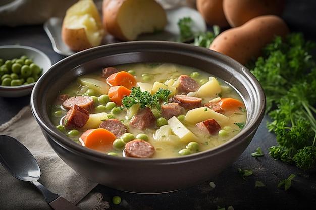 Un plato de sopa con salchichas y patatas en una mesa