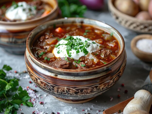 un plato de sopa con una salsa de crema blanca en él