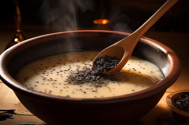 un plato de sopa con semillas negras y pimienta negra.