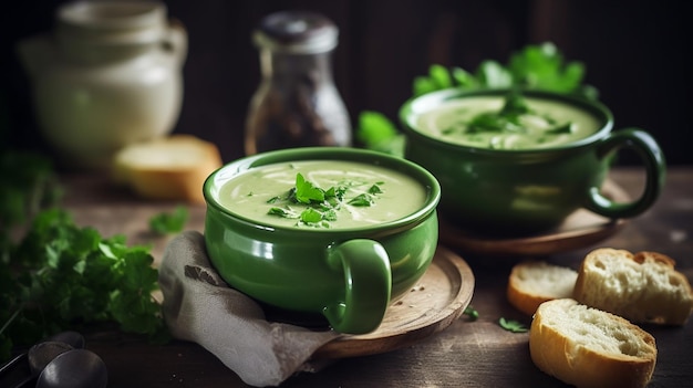 un plato de sopa con una sopa verde en el medio.