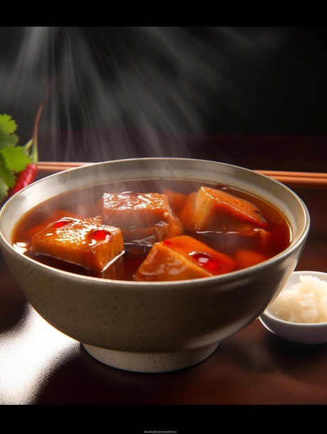 Un plato de sopa de tofu con una cuchara al lado