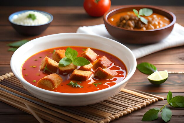 Un plato de sopa de tofu con una guarnición de salsa de tomate y cilantro sobre una mesa.