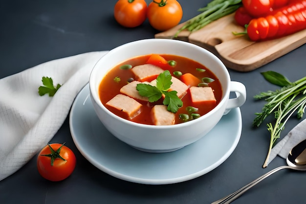 Un plato de sopa de tofu con verduras en una mesa