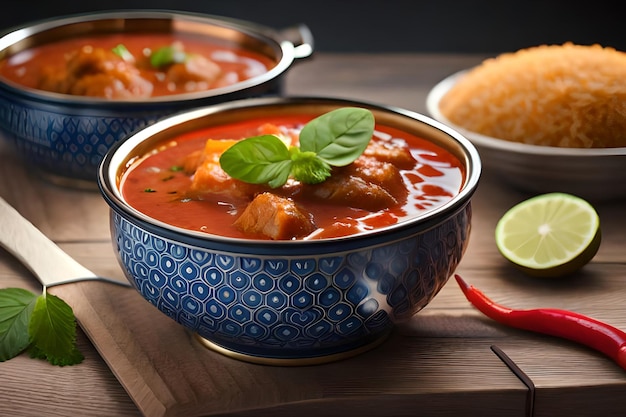 Un plato de sopa de tomate con arroz y lima al lado