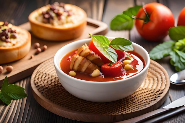 Un plato de sopa de tomate con un bagel bagel bagel al lado