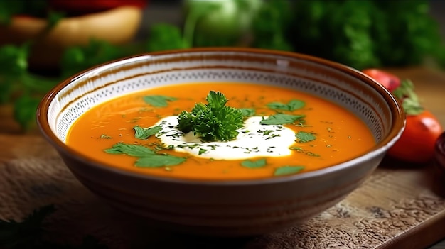 Un plato de sopa de tomate con crema agria encima