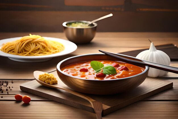 Un plato de sopa de tomate con espaguetis al lado.