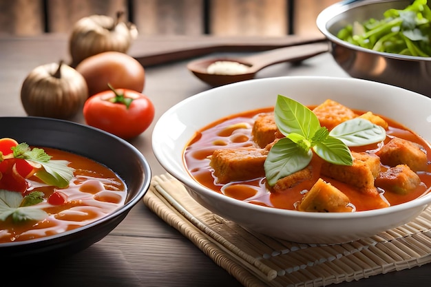 Un plato de sopa de tomate con una hoja de albahaca al lado