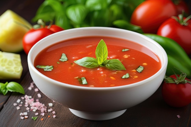 Un plato de sopa de tomate con hojas de albahaca al lado