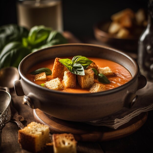 Un plato de sopa de tomate con hojas de albahaca encima