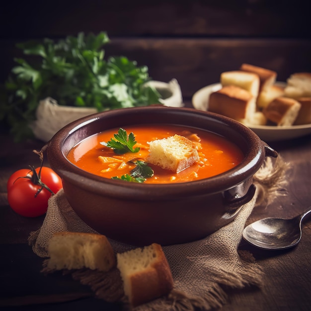 Un plato de sopa de tomate con pan al lado.