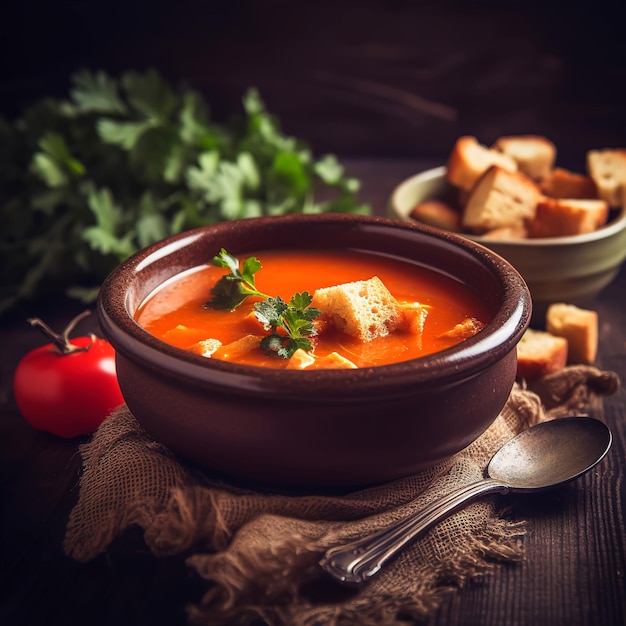 Un plato de sopa de tomate con pan y un plato de tomates en el fondo.