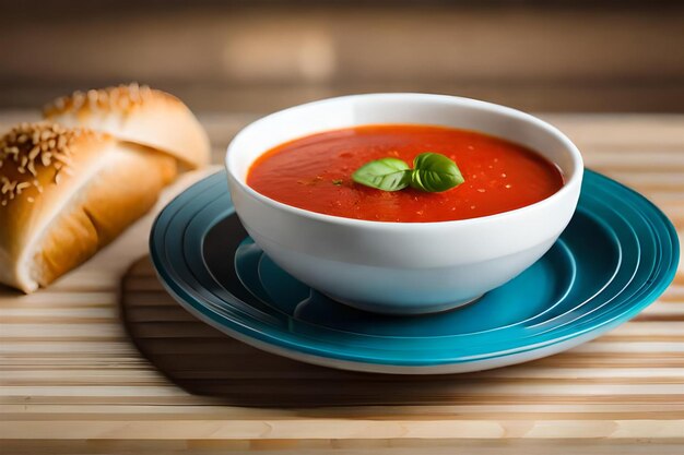 un plato de sopa de tomate con pan en el plato.