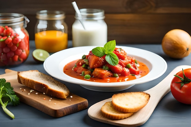 Un plato de sopa de tomate con pan y un tarro de leche al lado.