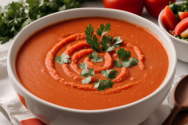 Un plato de sopa de tomate con perejil encima.