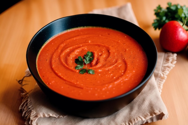 Un plato de sopa de tomate con perejil encima