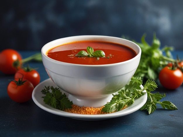 un plato de sopa con un tomate y perejil en el lado