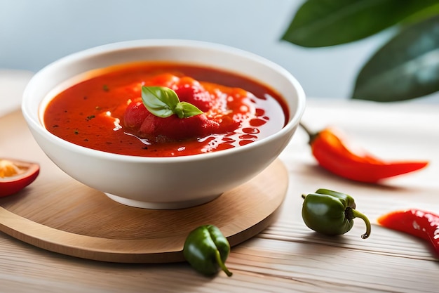 un plato de sopa de tomate con un pimienta verde en la mesa.