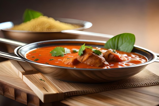 Un plato de sopa de tomate con un plato de comida sobre una mesa.