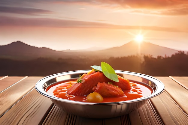 Un plato de sopa de tomate con una puesta de sol de fondo