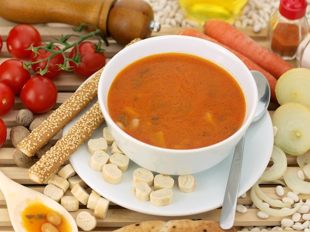 Un plato de sopa de tomate se sienta en una mesa junto a un poco de pan y pan.