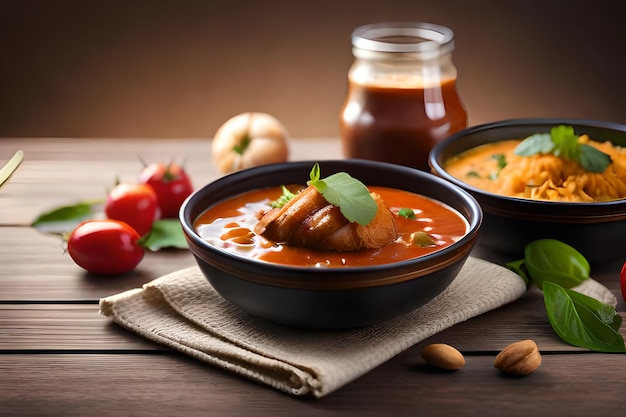 Un plato de sopa de tomate con un tarro de salsa sobre la mesa.