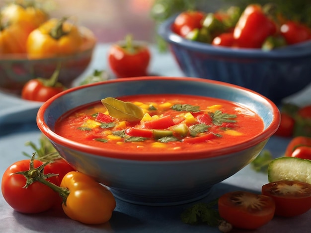 un plato de sopa con tomates y hierbas en el lado.