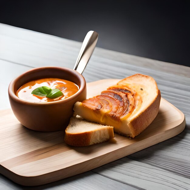 Un plato de sopa y un trozo de pan con una cuchara al lado.