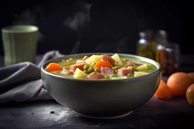 Foto un plato de sopa verde con un fondo ahumado.