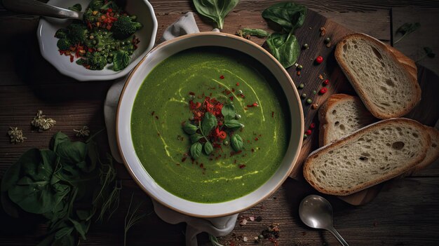 Un plato de sopa verde con un plato de albahaca al lado.