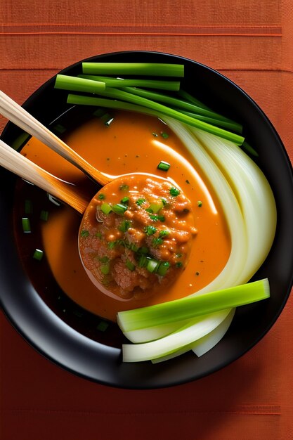 Un plato de sopa con verduras y una cuchara
