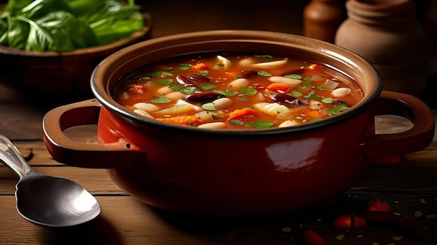Un plato de sopa con verduras y una cuchara.