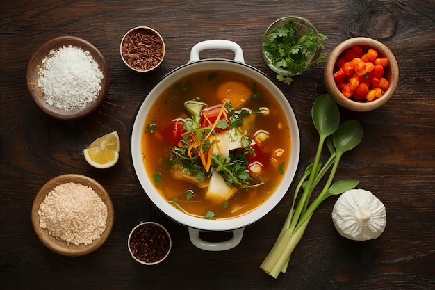 plato con sopa de verduras e ingredientes en la mesa de madera