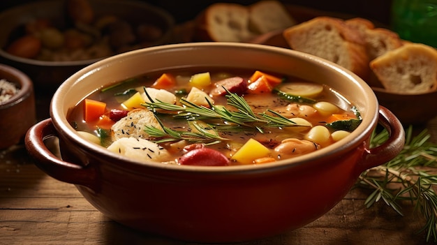 Un plato de sopa con verduras y frijoles en una mesa