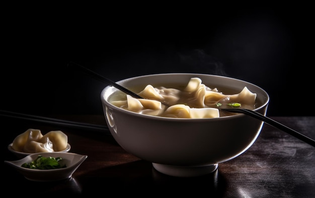 Un plato de sopa wonton con un plato de fideos y un plato de cebollas verdes.