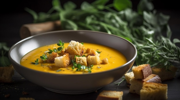 Un plato de sopa de zanahoria con picatostes al lado