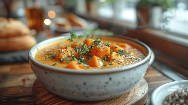 Foto un plato de sopa con zanahorias y hierbas en el lado