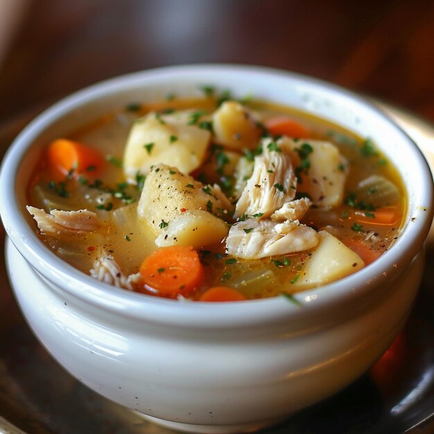 un plato de sopa con zanahorias y patatas en él