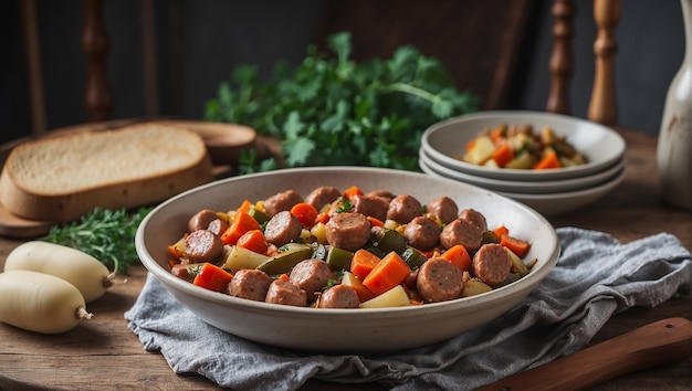 Un plato de sopa con zanahorias patatas y salchichas