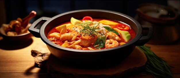 El plato de Sundubu Jjigae es hermoso en una mesa de madera