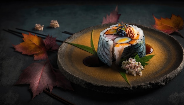 Un plato de sushi con un arándano