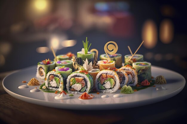 Un plato de sushi con una botella de vino sobre la mesa.