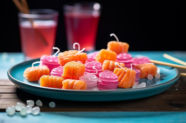 Un plato de sushi de caramelo hecho con golosinas de arroz y pescado de goma