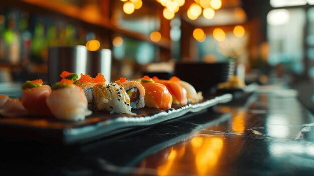 Foto plato de sushi contra un entorno moderno de bar de sushi