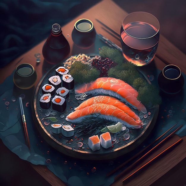 Un plato de sushi y una copa de vino en una mesa.