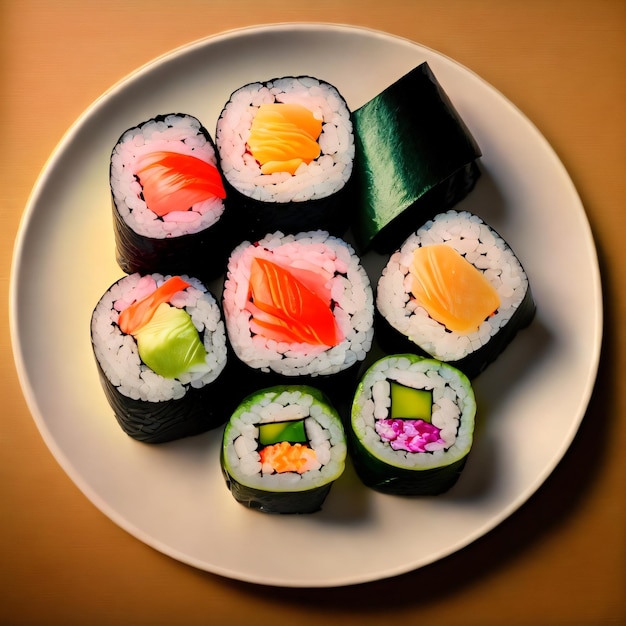 Un plato de sushi con diferentes colores