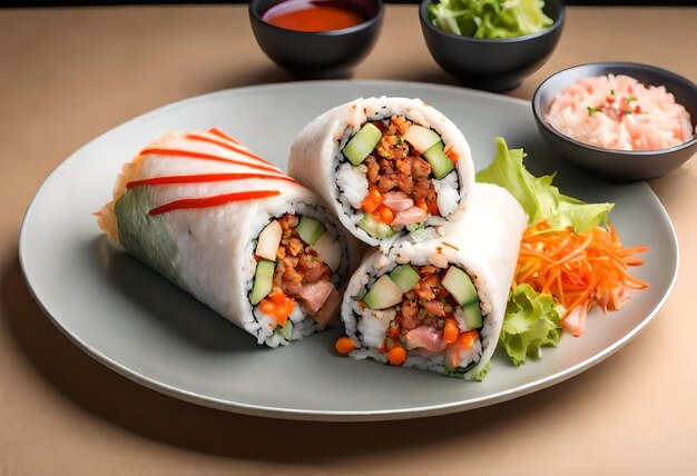 un plato de sushi con una ensalada y una ensalada