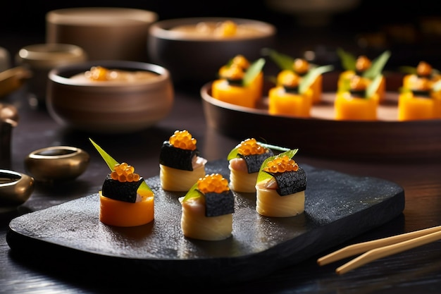 Un plato de sushi de erizo de mar uni mostrando sus delicadas huevos de naranja y amarillo