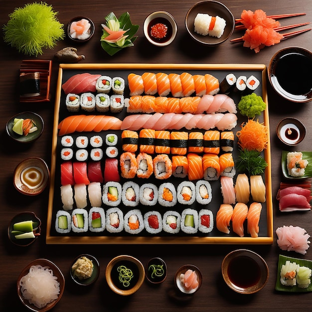 Un plato de sushi se exhibe en un restaurante