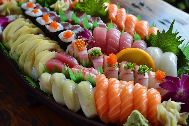 Un plato de sushi expuesto en la mesa